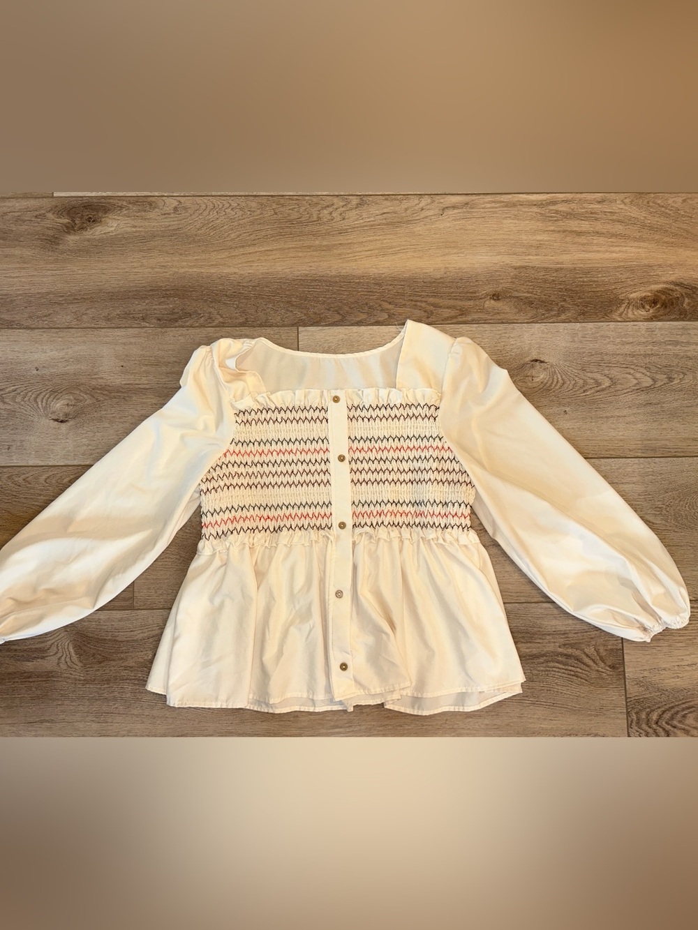 Cream Smocked Peplum Blouse puff sleeve